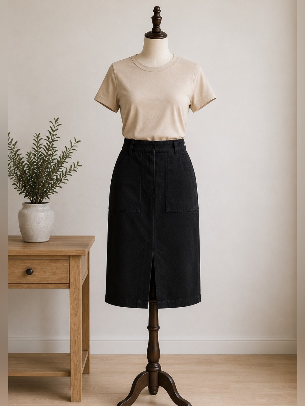 enTHREAD Black Utility Midi Pencil Skirt Minimalist Quiet Luxury Cotton Size 6